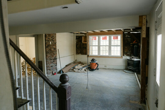 Inside of old home being renovated, ceiling is consolidated