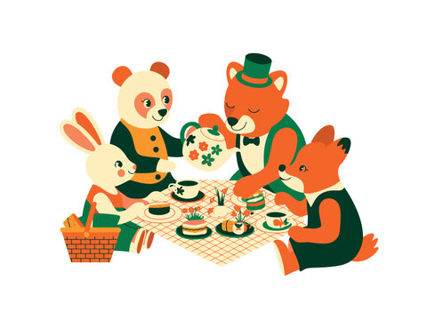 A group of cartoon animals having a tea party on a blanket with a basket of food