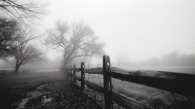 霧に包まれた木とフェンスの風景。静寂な自然の情景素材。