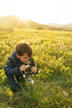 Young boy exploring nature with magnifying glass in field