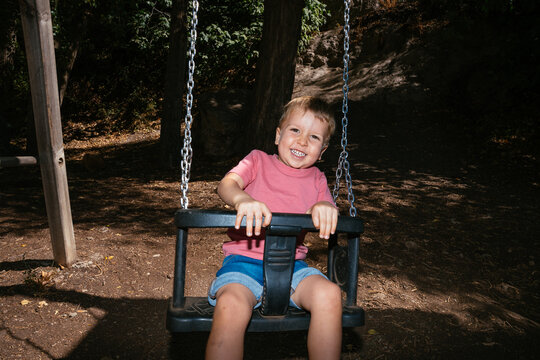 Young boy having fun smiling on swing