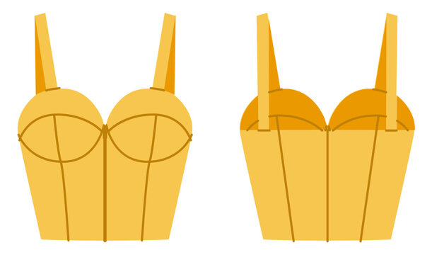 Yellow bustier top shoulder straps and structured panel shaping creating fitted silhouette defined bust contour clean construction lines. Technical fashion illustration in flat color, front back views