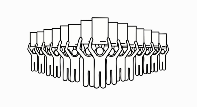 Group of stylized people holding blank signs in a protest or demonstration, symbolizing unity and collective action.