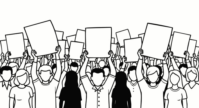 Diverse crowd of people holding blank signs and banners in protest or demonstration, vector illustration