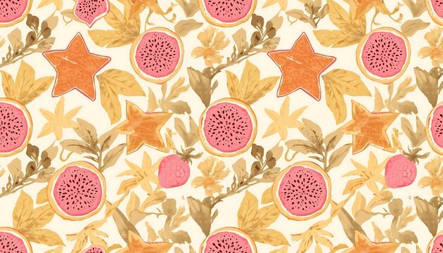 A vibrant seamless pattern features exotic pink fruit slices and whimsical orange star shapes with botanical elements.