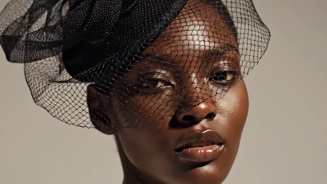Striking beauty close-up with black birdcage veil fascinator and luminous skin tones, dramatic high-fashion portrait on a soft neutral backdrop presenting hat styles for ladies with couture mystery