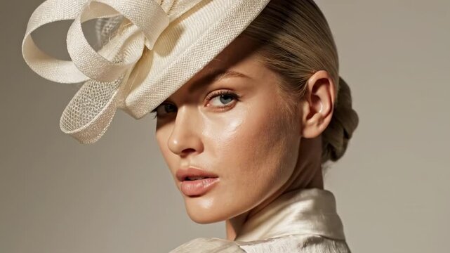 Luminous close portrait with ivory loop fascinator, sleek coiffed hair and tailored styling, an elegant beauty study of formal hat styles for ladies created with polished editorial sophistication