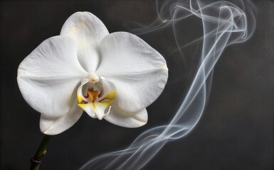 Obraz premium White orchid blooms softly beside swirling smoke against a dark