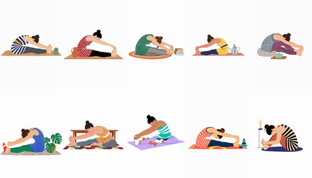 Flat illustration set of ten women practicing seated forward fold yoga poses at home with various lifestyle accessories for health and wellness.