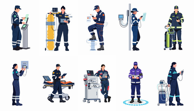 Flat vector illustrations of emergency medical personnel and paramedics using advanced digital technology and medical equipment in various scenarios.