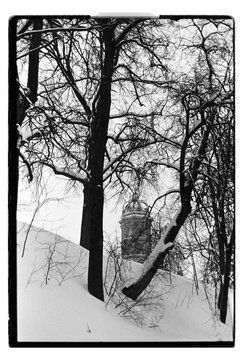 Film B&W Photo of Baroque Church Tower Through Bare Trees in Snow