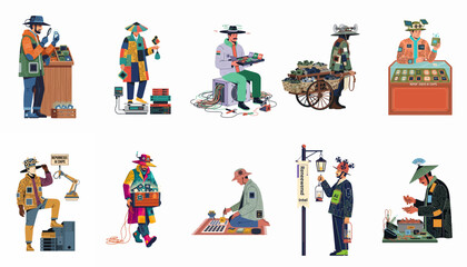 Fototapeta premium Conceptual illustrations of characters recycling, selling, and crafting with repurposed artificial intelligence chips in a unique, patchwork-inspired futuristic marketplace setting.