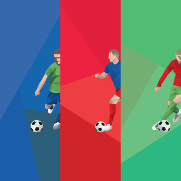 Polygon football player various action with grometric colorful background square template have blank space.
