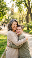 Naklejka premium Joyful mature woman and her adult son with Down syndrome hugging in a lush green park, inclusive family love and outdoor life.