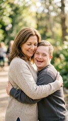 Fototapeta premium Happy mature woman hugging her teenage son with Down syndrome in a park, family bonding, inclusive lifestyle, outdoor motherhood.