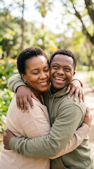 Naklejka premium African American mother and her adult son with Down syndrome laughing and hugging in a garden, inclusive family happiness.