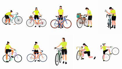 Fototapeta premium Set of vector illustrations of women in yellow jerseys performing various bicycle-related activities like maintenance, preparation, and riding on white background.