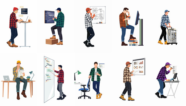 Collection of software developer illustrations showing men in flannel shirts coding, planning, and managing IT infrastructure in various work scenarios.