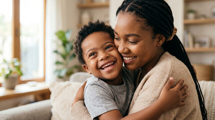 Naklejka premium Happy Black mother and her young son with Down syndrome sharing a warm embrace indoors, inclusive parenting and bonding.