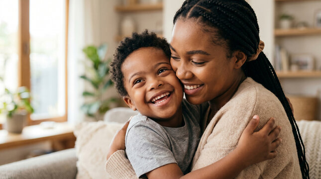 Happy Black mother and her young son with Down syndrome sharing a warm embrace indoors, inclusive parenting and bonding.