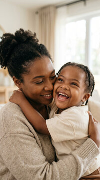 African American mother and her young daughter with Down syndrome sharing a warm hug indoors, inclusive family lifestyle.