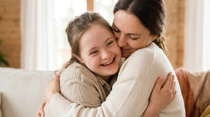Fototapeta premium Cheerful mature woman hugging her adult daughter with Down syndrome indoors, supportive family environment, inclusive living, togetherness.