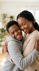 Obraz premium Loving Asian mother and her teenage son with Down syndrome embracing indoors, supportive family environment, inclusive living, motherhood.