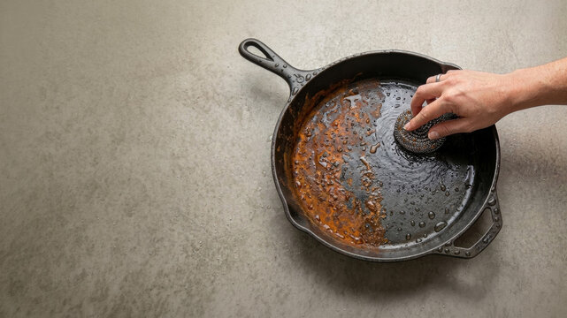 Top-down image of a rusted cast iron skillet being cleaned with a woman&rsquo;s hand holding a stainless steel scouring pad. Copy space. Minimalist composition.