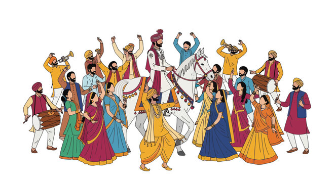 Sikh Wedding Celebration: Groom on Horseback with Dancing Crowd, Music & Festivities