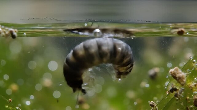 Macro shot of a mosquito larva swimming underwater in its natural habitat.
