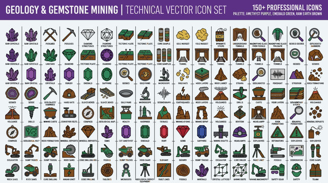 Professional vector icon set for geology, mineral exploration, gemstone mining, and earth science tools. High-quality collection of mining equipment and geological elements