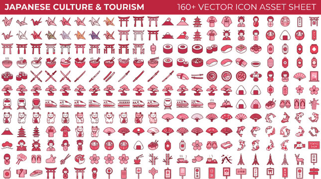 Japanese Culture and Tourism Vector Asset Sheet with 160 Icons for Travel and Design