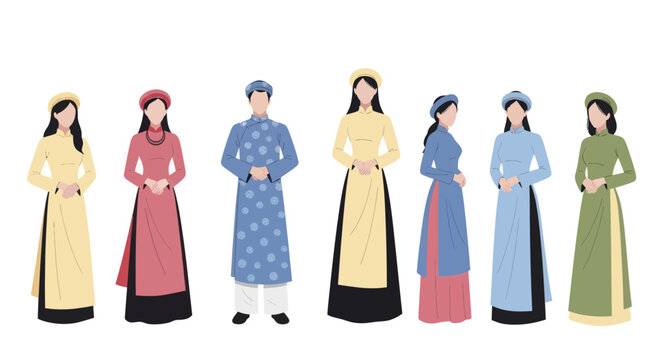 Group of Vietnamese people wearing traditional Ao Dai dresses.