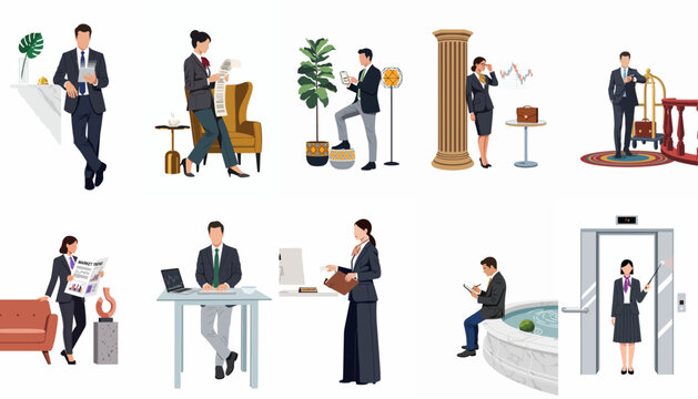 Collection of business professionals in formal suits engaged in various office and luxury hotel activities, isolated flat vector illustrations.