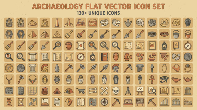 An extensive collection of flat vector icons designed for archaeology and historical research, featuring tools, artifacts, and symbols