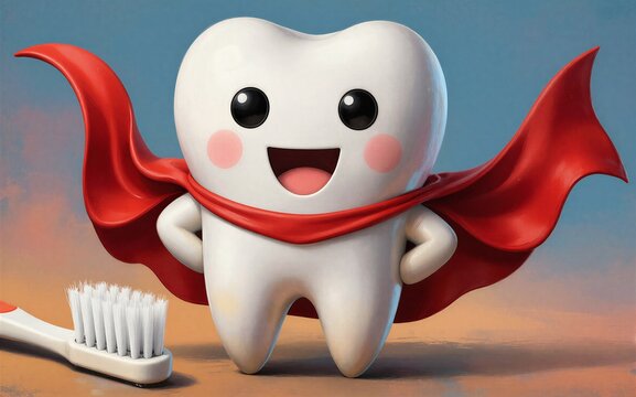 Super tooth with red cape stands proudly beside a toothbrush smiling