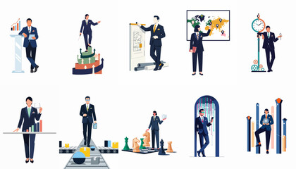 Fototapeta premium Diverse collection of business professional vector illustrations showcasing global strategy, logistics, data analysis, time management, and modern corporate leadership concepts.