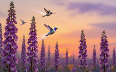 Obraz premium Hummingbirds dance among purple foxgloves at golden sunset.