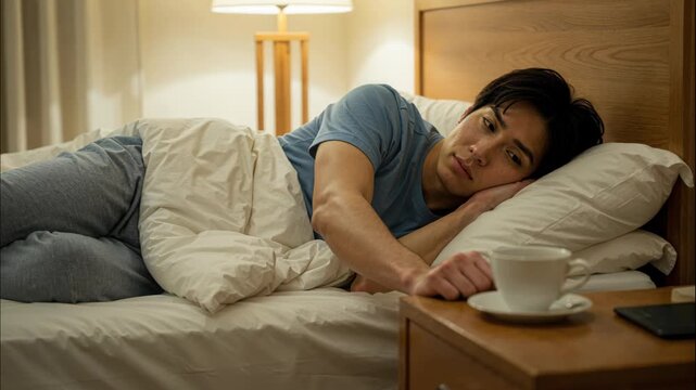 Morning Reflection: A man rests in bed, in deep thought, an intimate portrait of a person contemplating the day ahead.