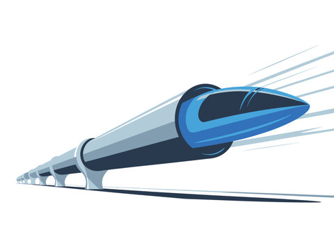 A sleek blue and silver bullet train speeds rapidly along a track with motion blur in the background.