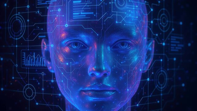 Digital Humanoid: A futuristic humanoid form glows with a network of digital circuitry, symbolizing technological advancement and the evolution of artificial intelligence. 