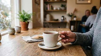 Fototapeta premium Person holding a hot cup of coffee at a cozy wooden cafe table.