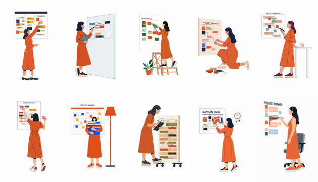 Set of flat illustrations featuring a woman project manager organizing tasks on kanban boards with sticky notes for efficient workflow and agile management.