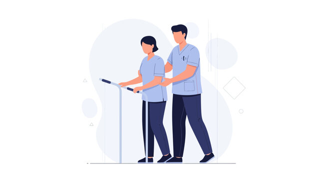Physical therapist assisting patient with walker in rehabilitation