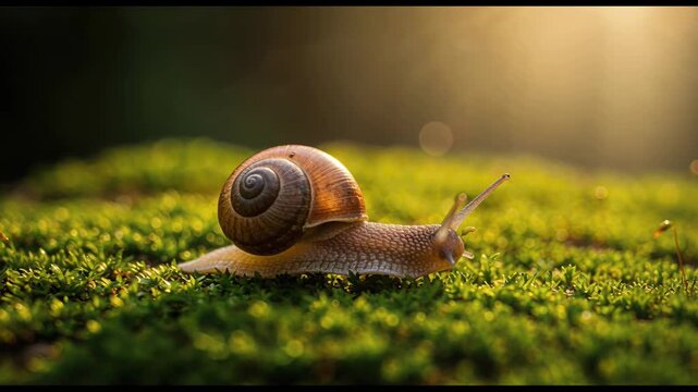 Snail's Journey on the Moss: A macro shot captures the slow and steady progress of a snail as it traverses a bed of vibrant green moss, with soft light illuminating its glistening shell.