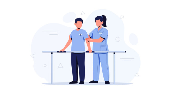 Physical therapist assisting patient with walking rehabilitation using parallel bars