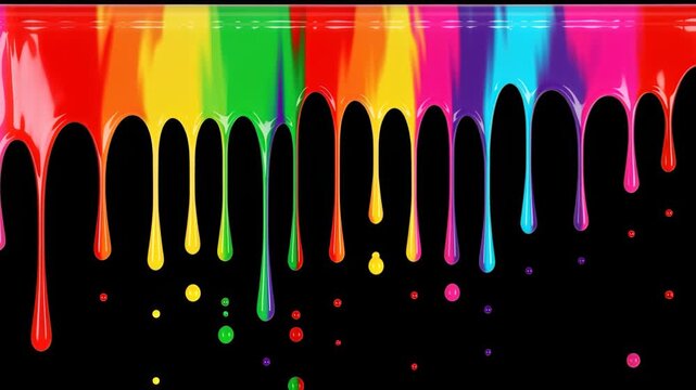 Dripping Rainbow of Colors: A vibrant and colorful display of cascading paint, creating a dynamic visual effect of dripping hues and shades against a deep dark tone.