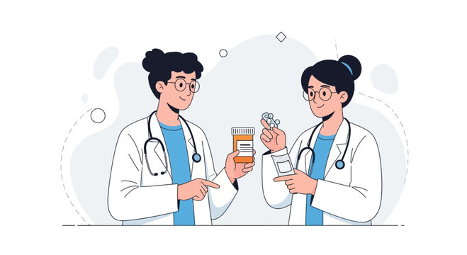 Two doctors in white coats holding pills and a prescription bottle, discussing medicine.