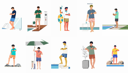 Fototapeta premium Flat illustration collection of men in swimwear checking their smartwatches by a swimming pool, focusing on technology and summer leisure activities.