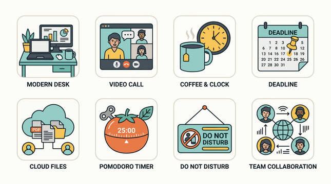 Comprehensive set of modern work and business productivity icons illustrating remote collaboration, office management, and efficient time planning
